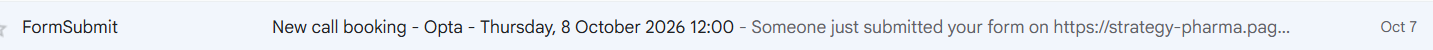 Inbox screenshot: FormSubmit, New call booking, Opta, Thursday 8 October 2026 12:00