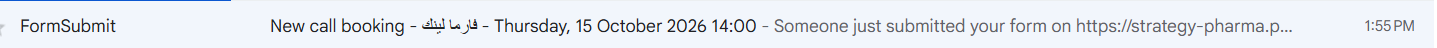Inbox screenshot: FormSubmit, New call booking, فارما لينك, Thursday 15 October 2026 14:00